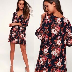 Lulus Shifting Dears Fall Floral Long Open Puff Sleeve Tunic Mini Dress Size XS